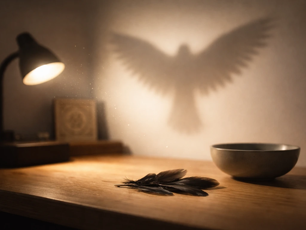 Feathers on a desk with a lamp casting a wing-like shadow on a plain wall