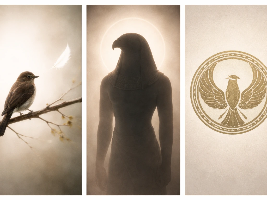 Three small photo-real scenes showing a feathered messenger, a bird-headed deity icon, and a bird symbol emblem.