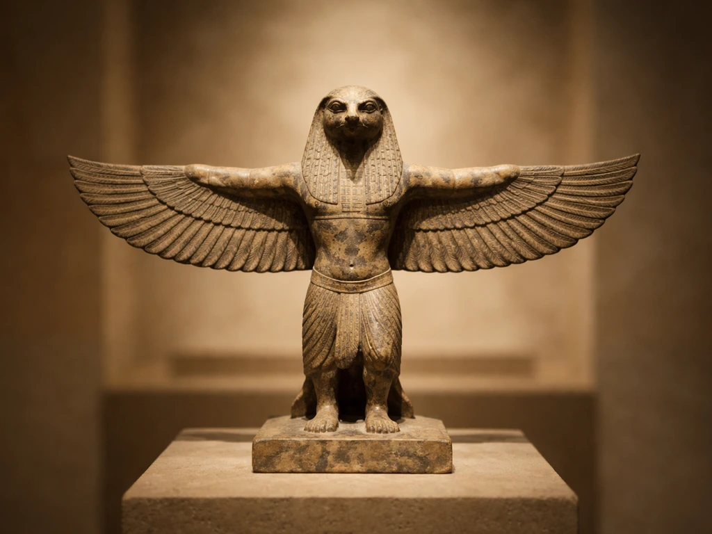 Museum-style scene showing a small carved falcon-headed statue evoking Horus, with protective wings design.