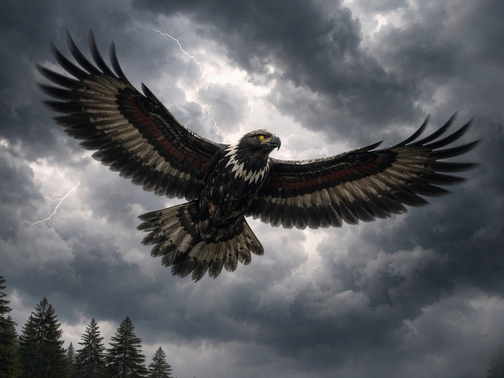 A giant Thunderbird flying through storm clouds with dynamic wingbeats and lightning in the background.