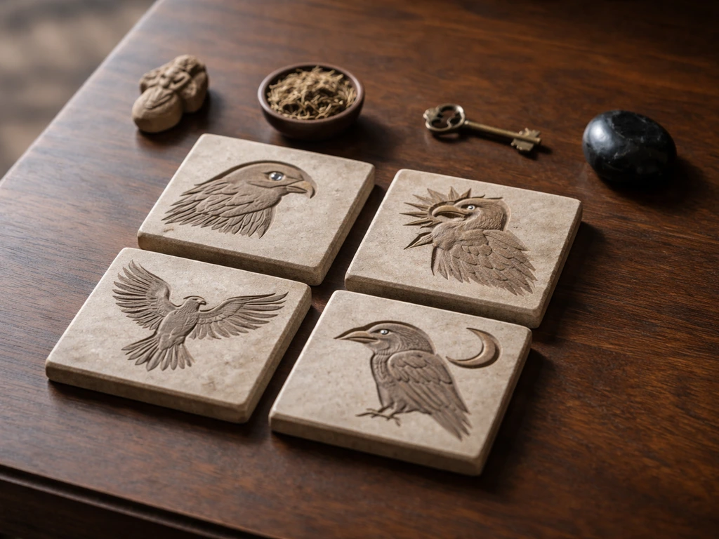 Minimal tabletop with four bird-symbol tiles (falcon, vulture, eagle, raven) and small attribute objects.