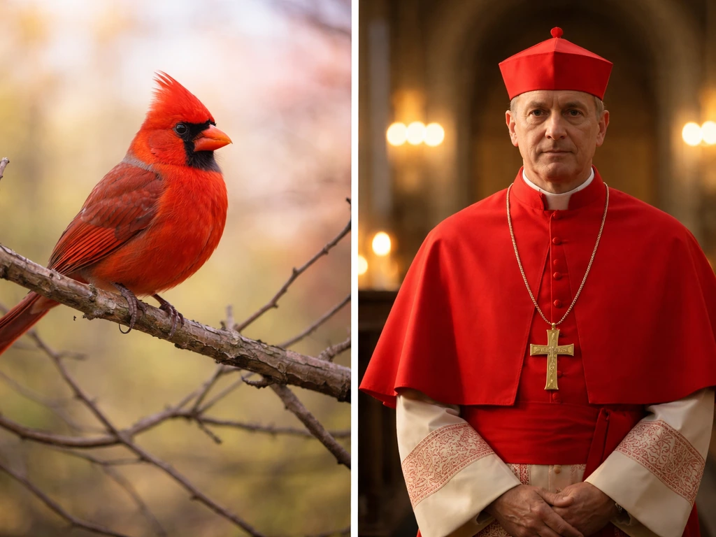 Northern cardinal on tree branches on the left; red-robed cardinal priest in a church on the right.