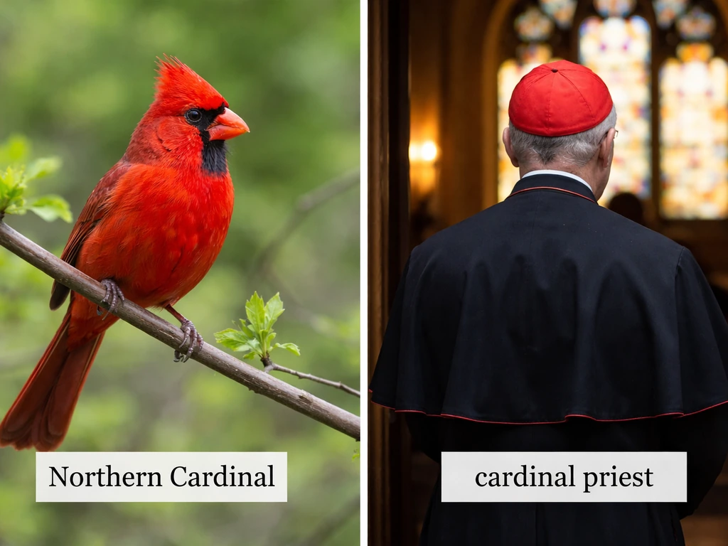 Left: red northern cardinal on a branch; right: anonymous church cleric in red liturgical attire.