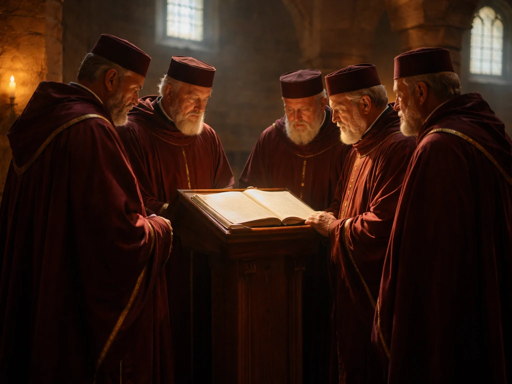 Illuminated manuscript-style scene of senior clergy in an early medieval church court