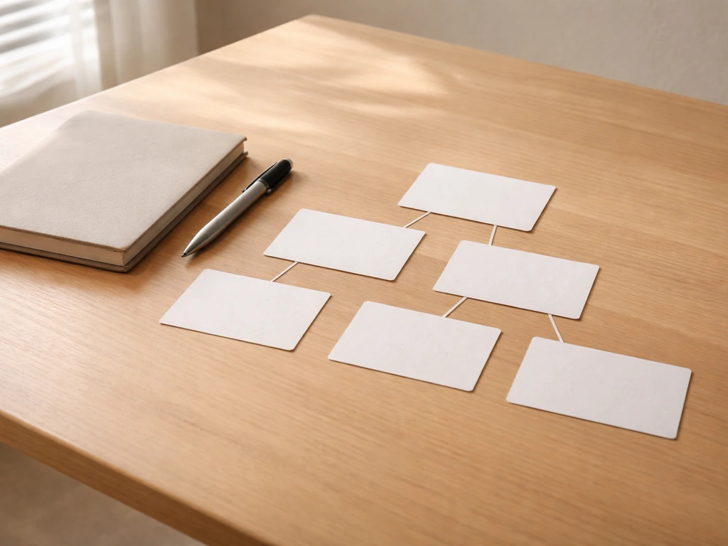 Minimal desk scene with a notebook and pen showing a simple decision-tree style checklist