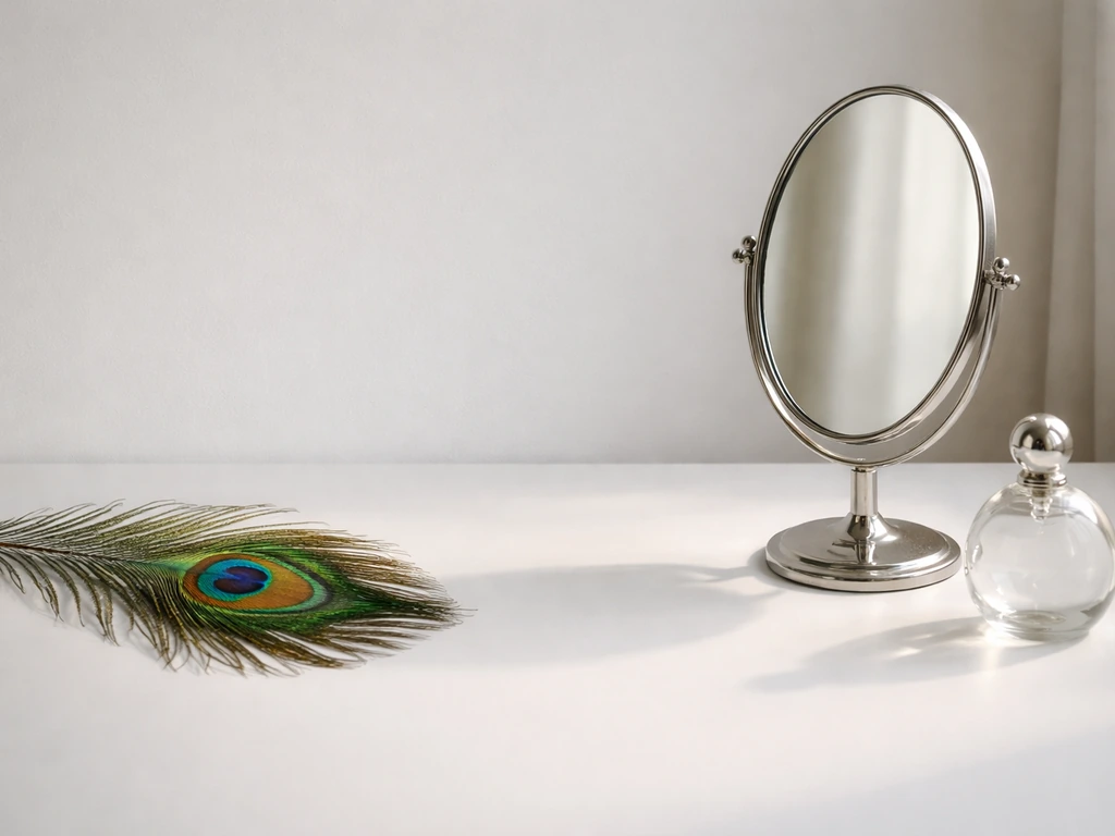 Peacock feather next to a polished vanity mirror and ornament, contrasting wonder and vanity.