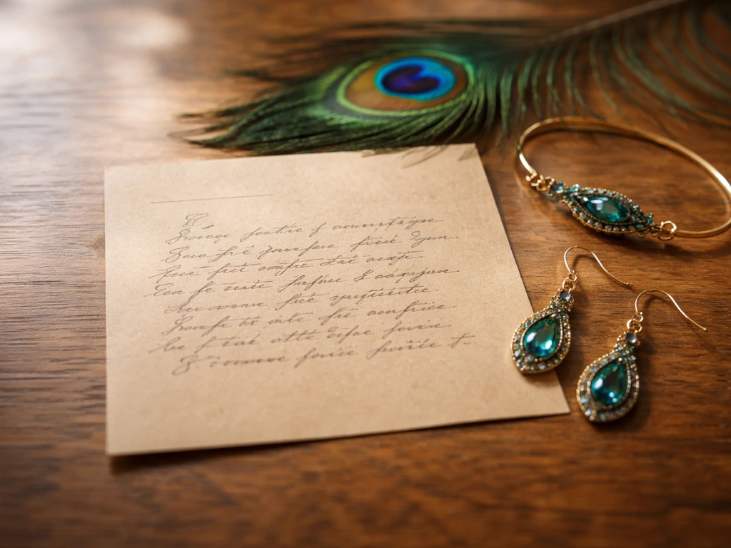 Handwritten limerick card next to peacock-themed jewelry and a feather, with space for a dedication.