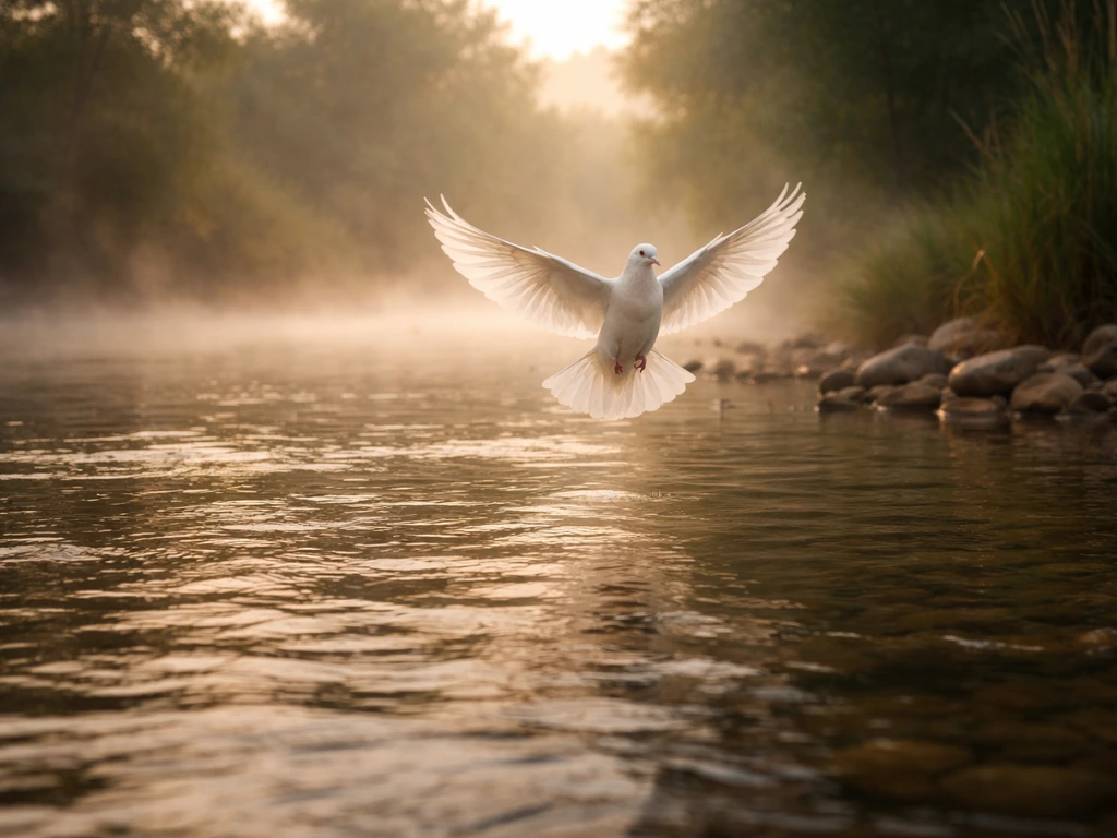 White dove descending over calm Jordan River water at sunrise, evoking the Holy Spirit at baptism