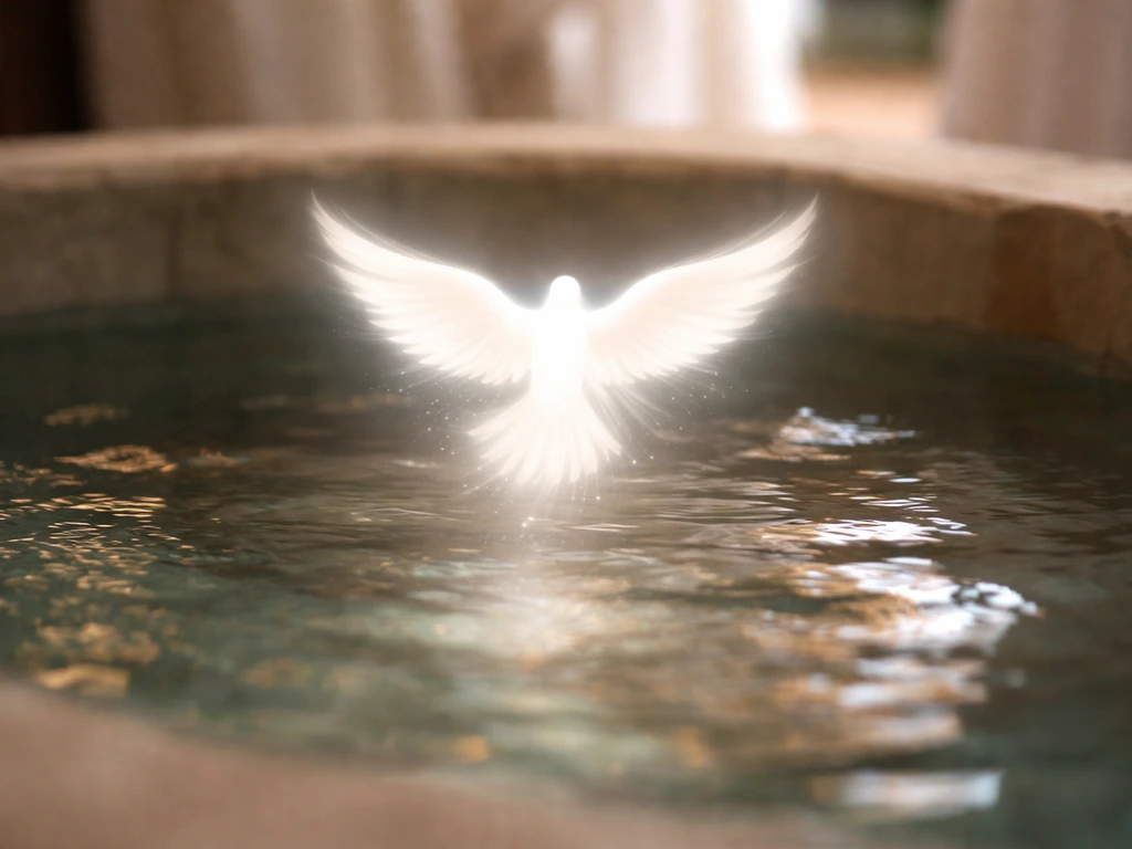 Minimal dove silhouette over a calm baptismal scene, suggesting symbolic Holy Spirit imagery without literal identificat