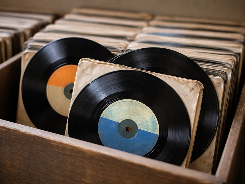 Close-up of a used record bin with vintage vinyl labels visible for identifying an original pressing.