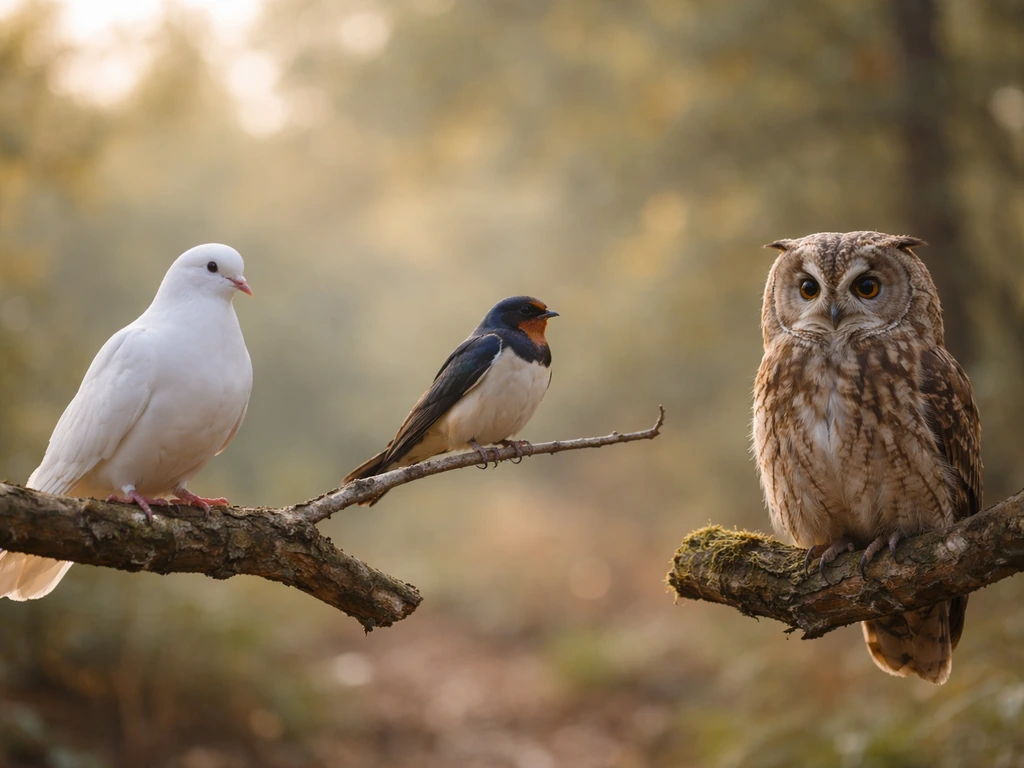 Minimal photo of three birds perched on separate branches, symbolizing piety and good omens