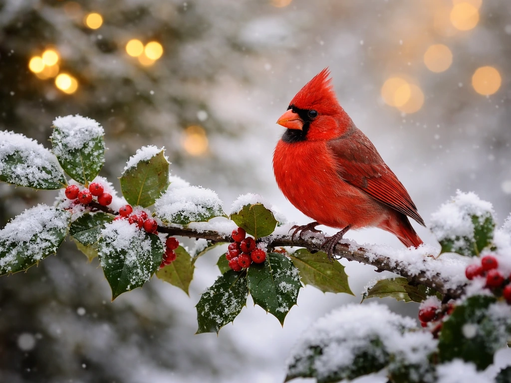 Vivid red northern cardinal perched on a snow-dusted holly branch with soft Christmas lights bokeh behind