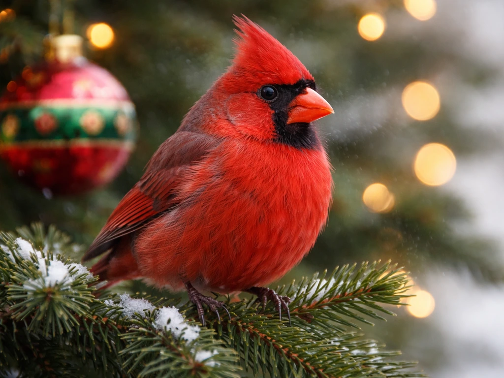 A Northern Cardinal perched on evergreen with blurred Christmas lights and ornaments behind it.