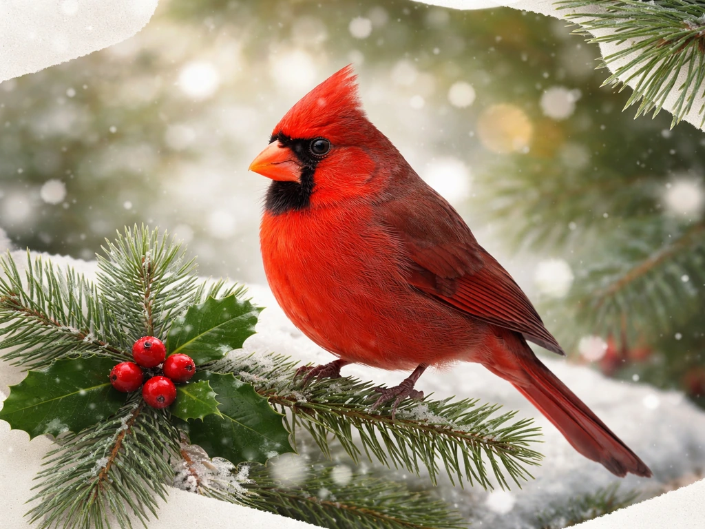 Male Northern Cardinal with red berries and evergreen, red-and-green Christmas symbolism in a minimal wintry scene.
