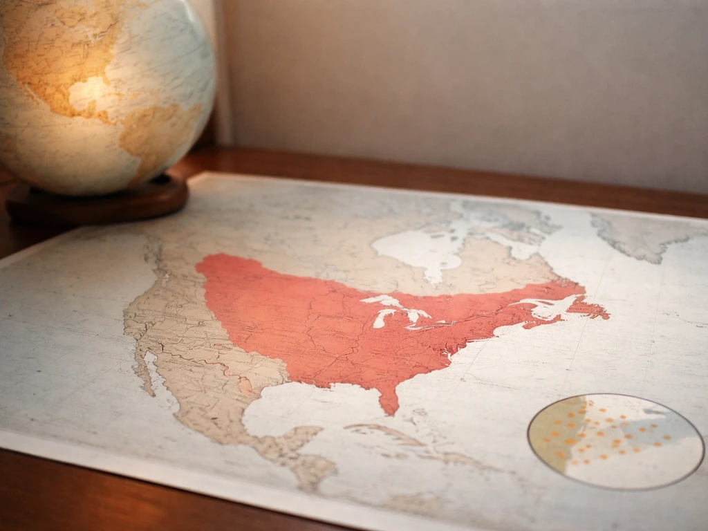 Minimal photo showing a globe-like map surface with a simple red-bird range overlay silhouette, US/Canada highlighted.