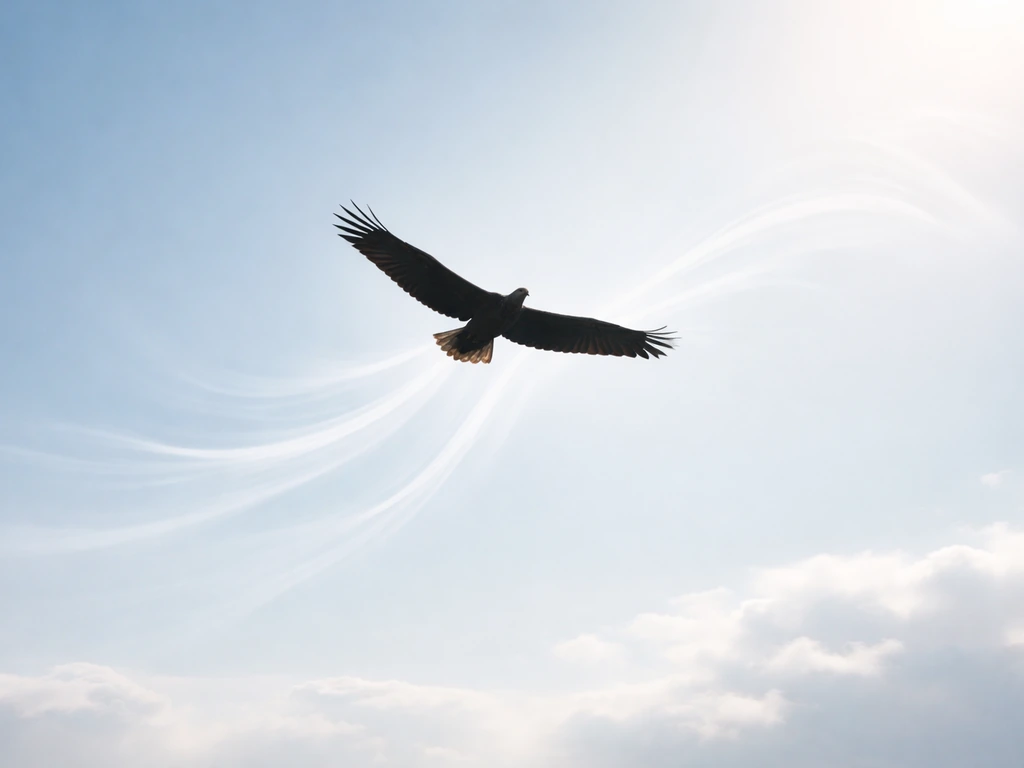 Wild bird soaring high in open sky as faint air-flow waves trail along its flight path