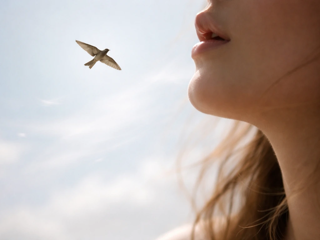Wild bird in flight with airy motion cues and a close-up throat exhaling to suggest voice.
