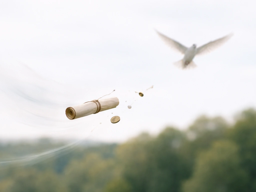 A small scroll and tokens carried by strong wind currents toward a distant perch.