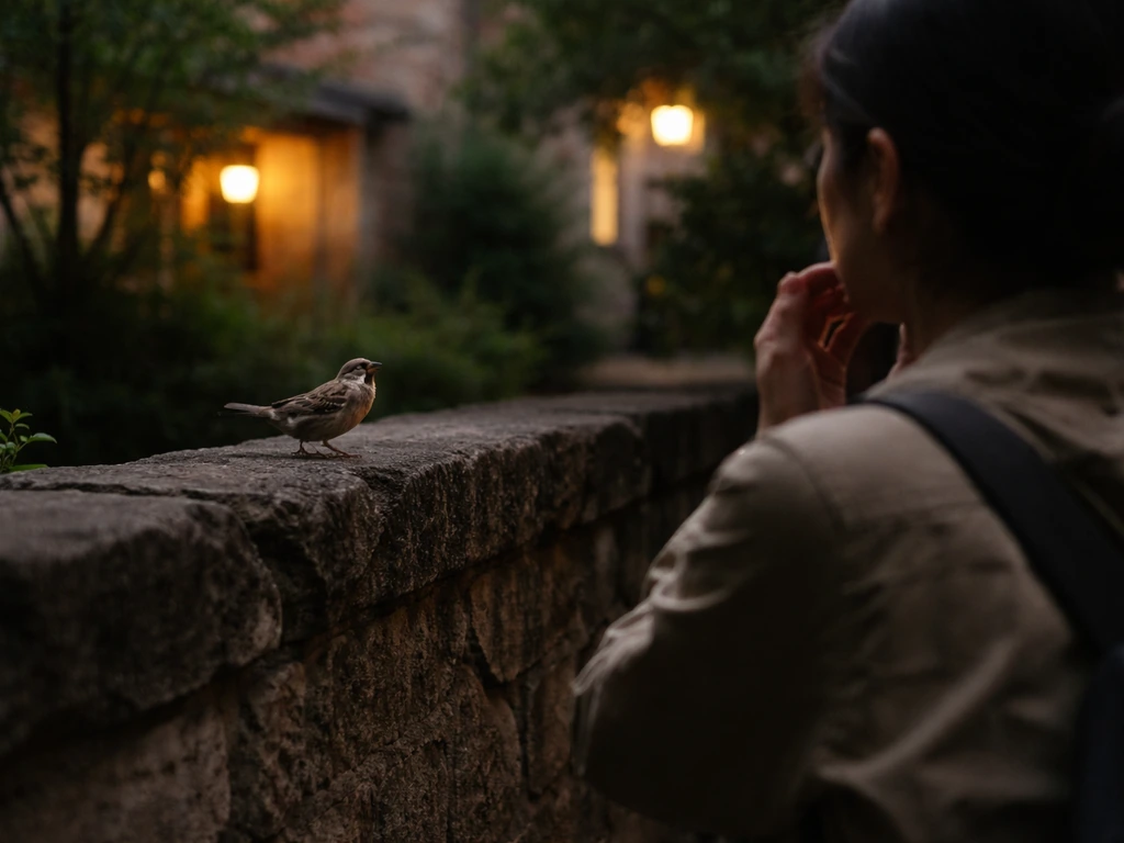 Dusk courtyard with a bird calling and two anonymous people pausing thoughtfully toward the sound.
