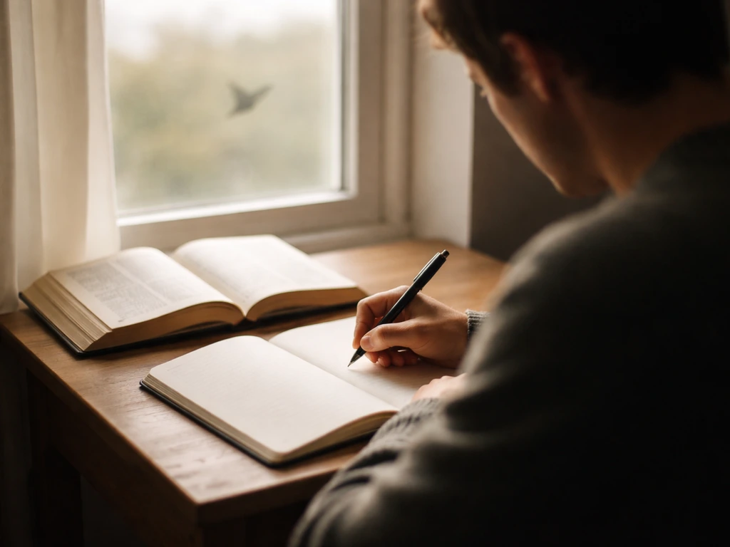 Person journaling a bird encounter beside an open Bible on a simple desk in natural light.