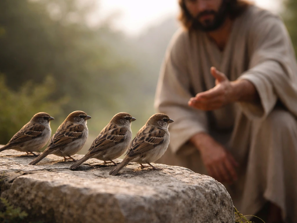 Sparrows perched on a stone ledge while a man in simple robes gestures outdoors, symbolizing divine care.