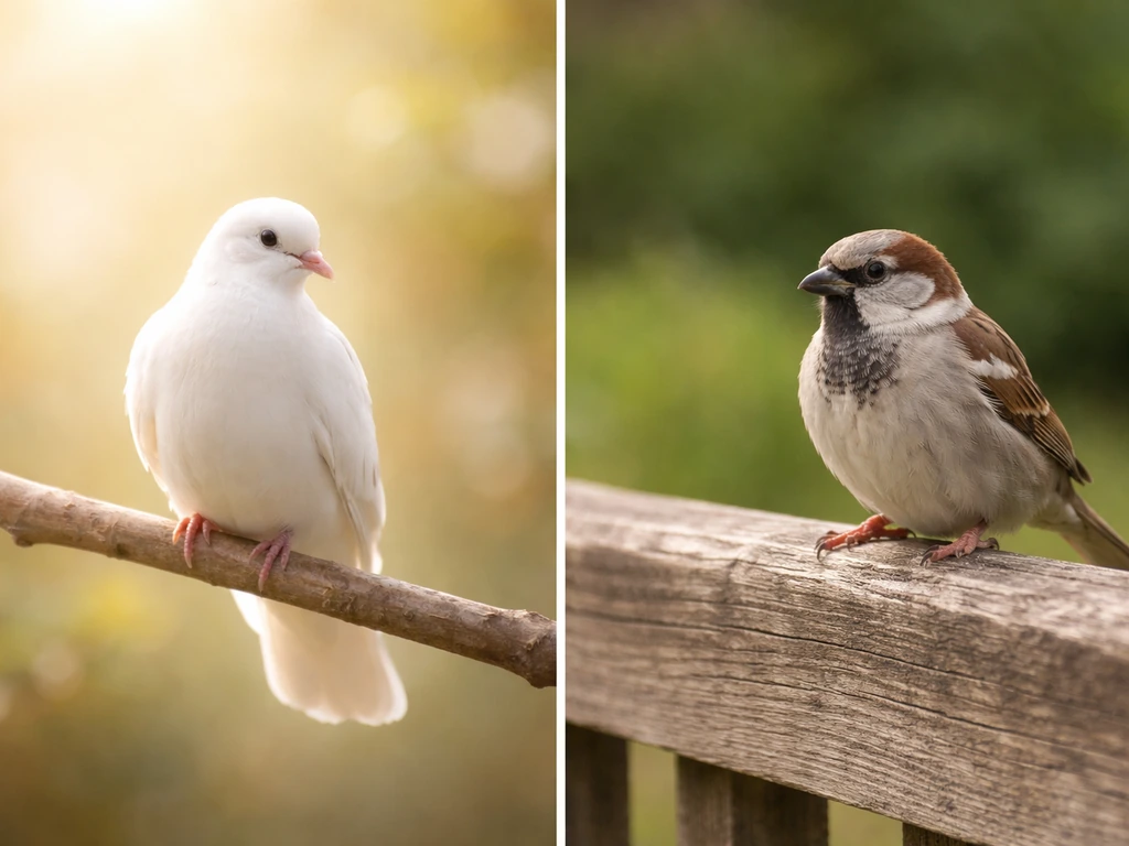 Split-scene photo: dove/sparrow symbol in soft light beside a plain sparrow on a fence, emphasizing symbolic vs literal