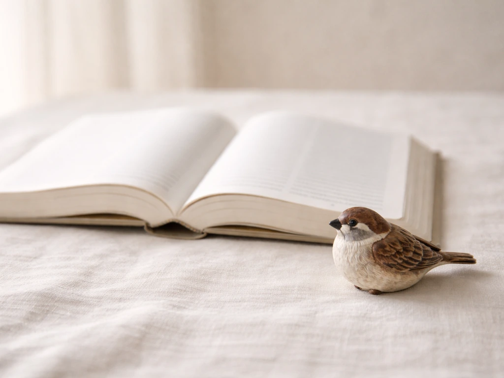 Minimal desk scene with an open Bible and a small sparrow figurine, softly lit for Gospel passage review