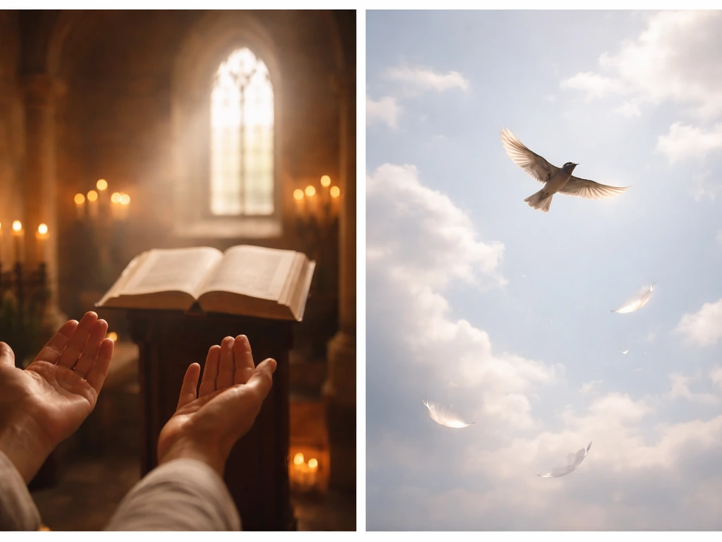 Two-panel image: reverent hands beside an open book, and a bird flying in a soft sky.