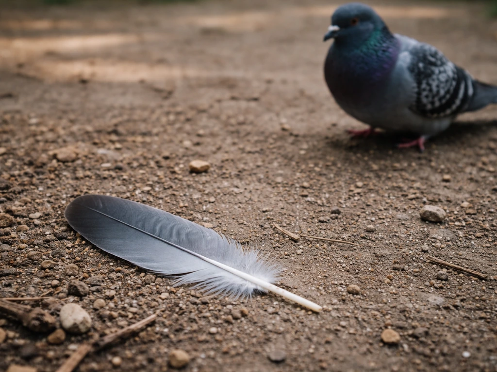 Single pigeon feather on the ground with a calm pigeon perched nearby in natural outdoor light.