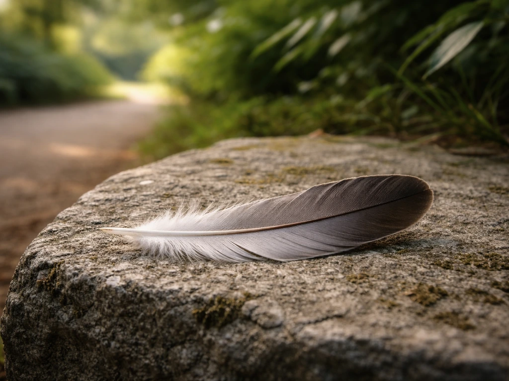 Single feather close-up resting on a small stone with soft wind-blown greenery in the background.