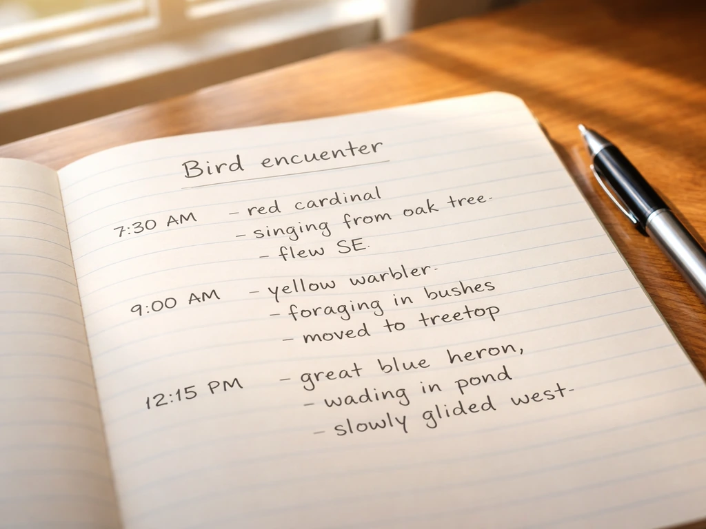 Open notebook titled “Bird encounter” with filled fields and a pen on a desk by a window.