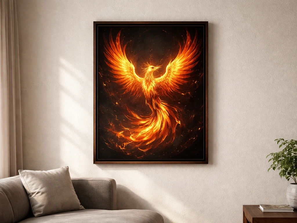 Framed phoenix bird wall artwork in warm fire tones symbolizing rebirth and protection