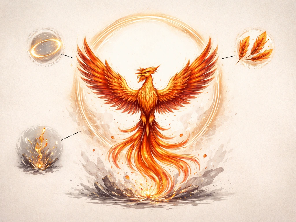 Illustration of a phoenix rising from ashes with a rebirth circle on a clean background