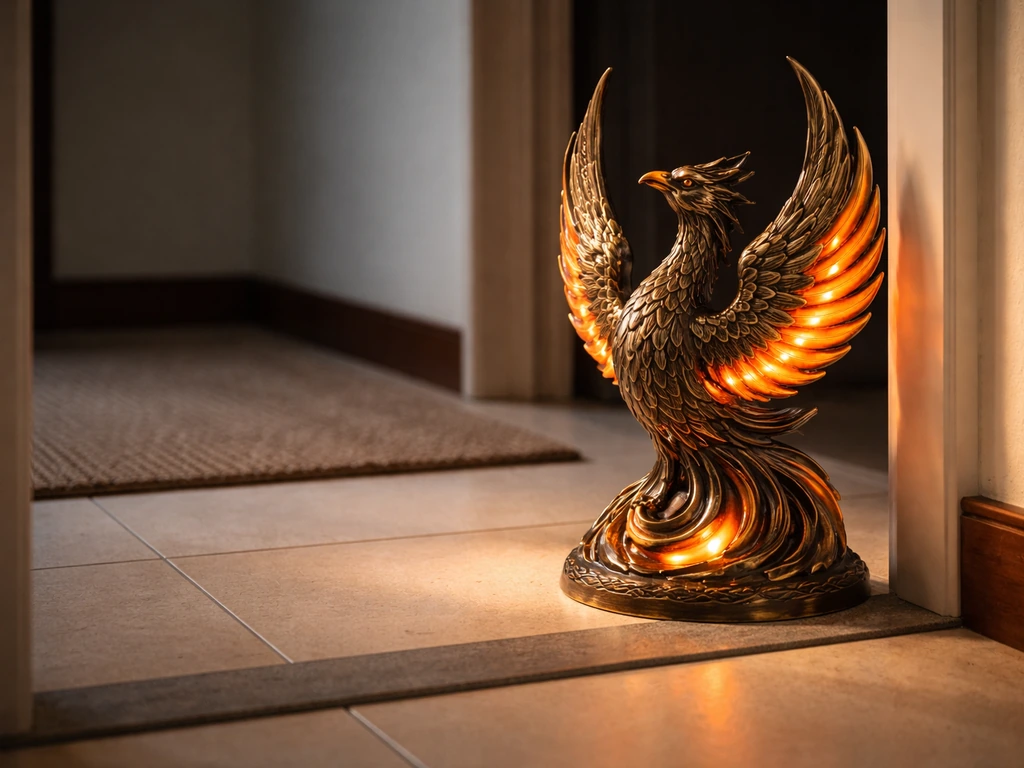 Bronze and orange phoenix decoration near a doorway, warm light implying fire-element support.
