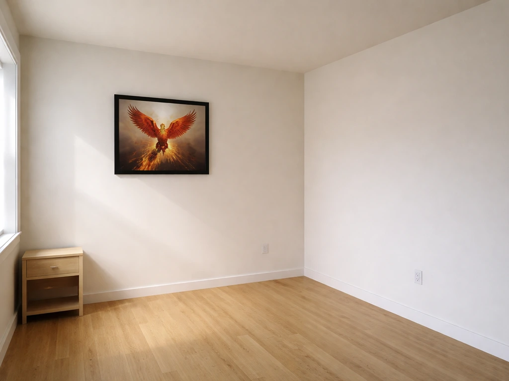Minimal room scene with a phoenix artwork on the south/southeast wall, contrasted by another wall without the artwork
