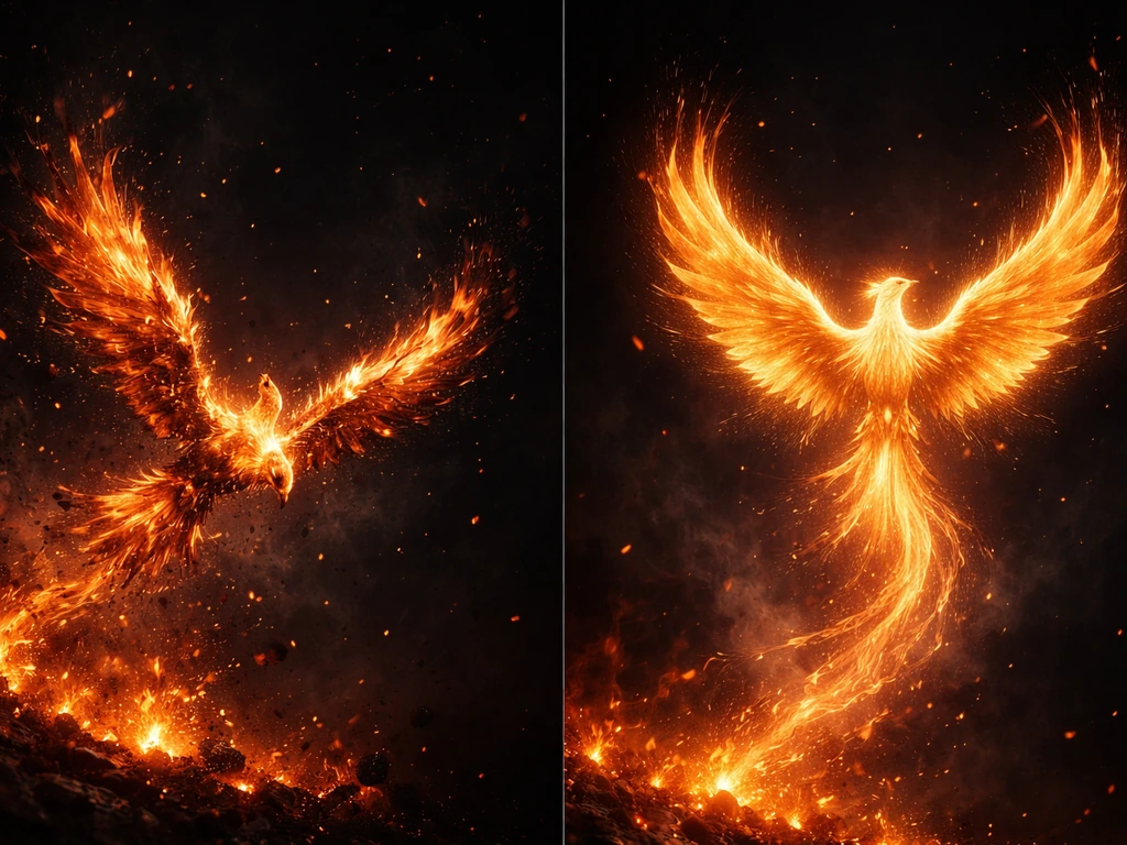 Split-scene phoenix: left looks like falling destruction; right clearly rising rebirth with glowing upward motion.