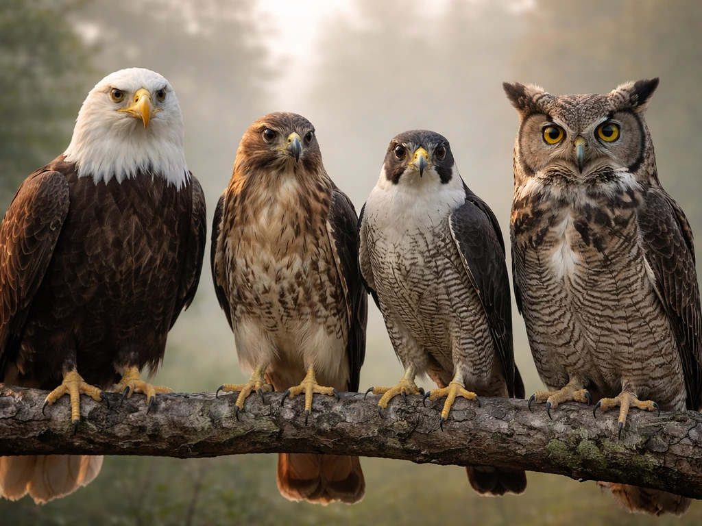 Close-up photo of an eagle, hawk, falcon, and owl perched side by side on a simple branch, muted background.