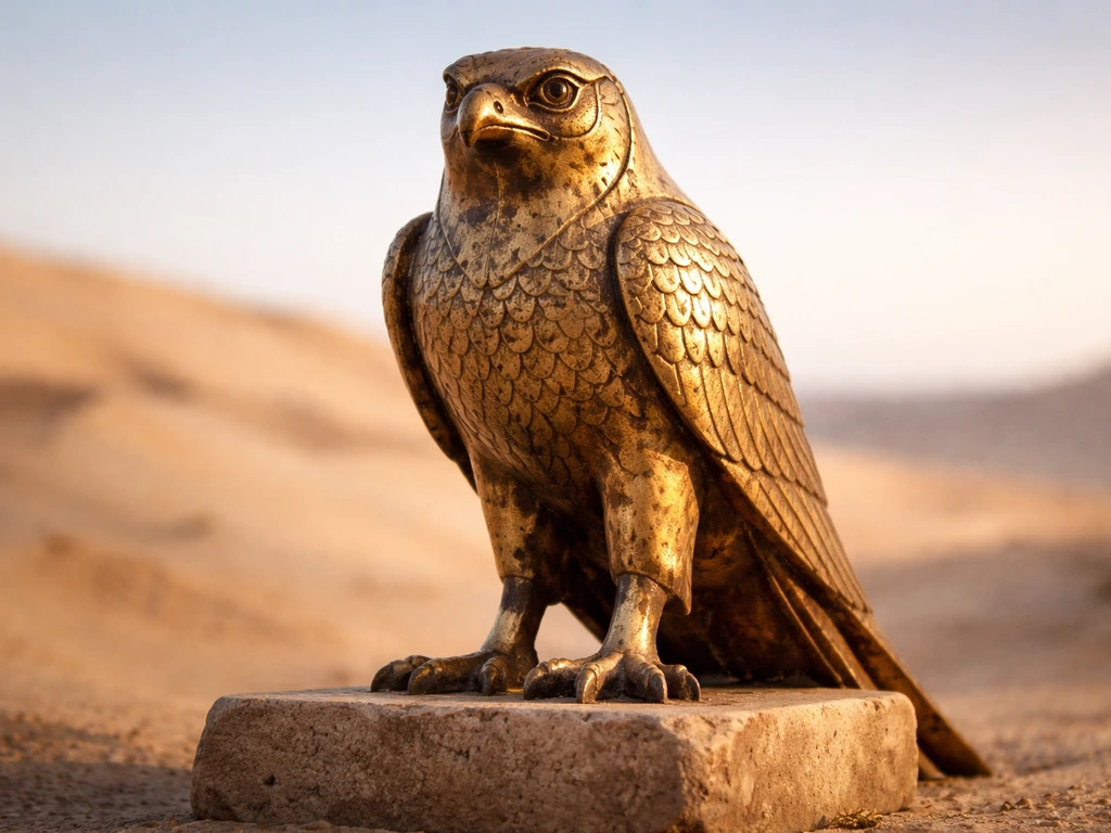 Close-up of a carved golden falcon statue motif against a warm desert sky backdrop