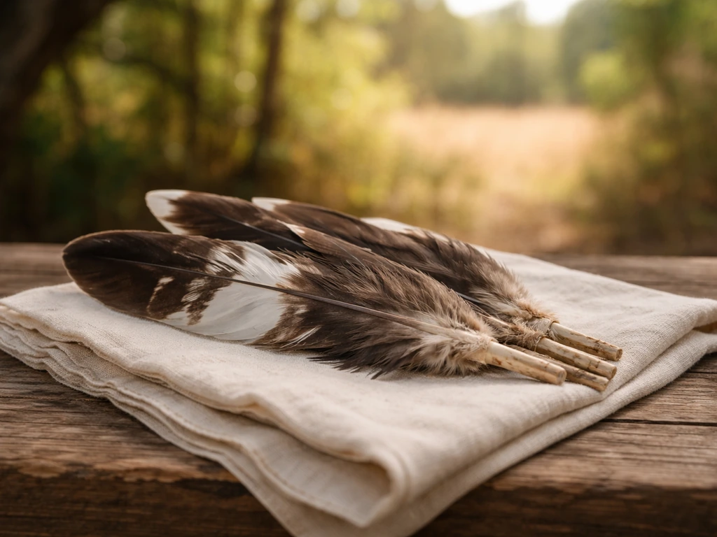 Eagle feathers laid respectfully on a small cloth during a quiet ceremonial moment