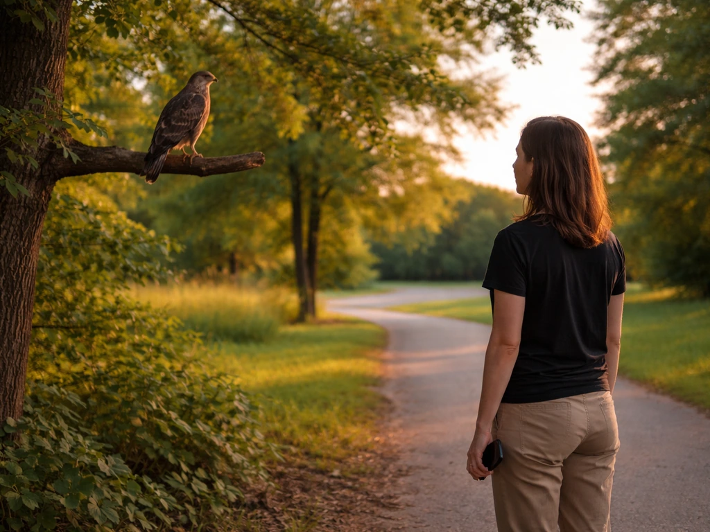 Person at a safe distance watching a hawk perched in a tree outdoors at golden hour
