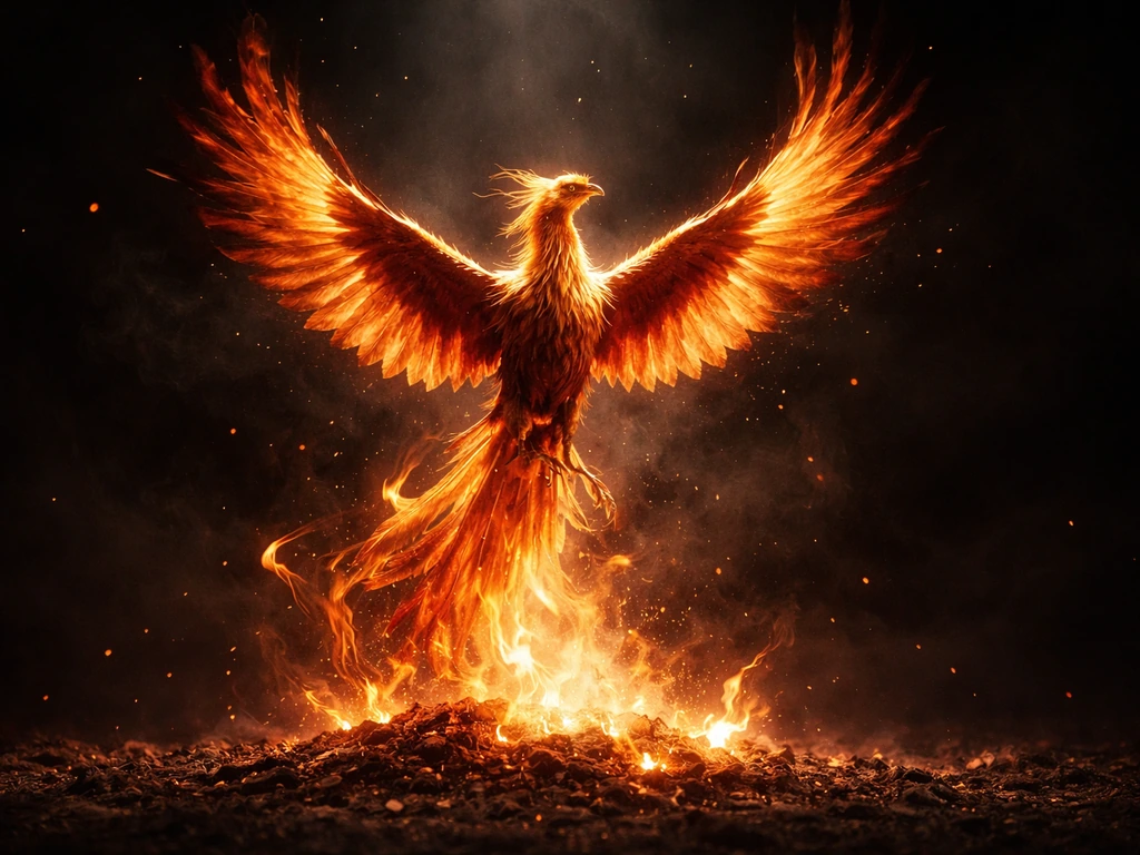 A mythical phoenix rising from glowing ashes, embers and flame motion in dramatic light
