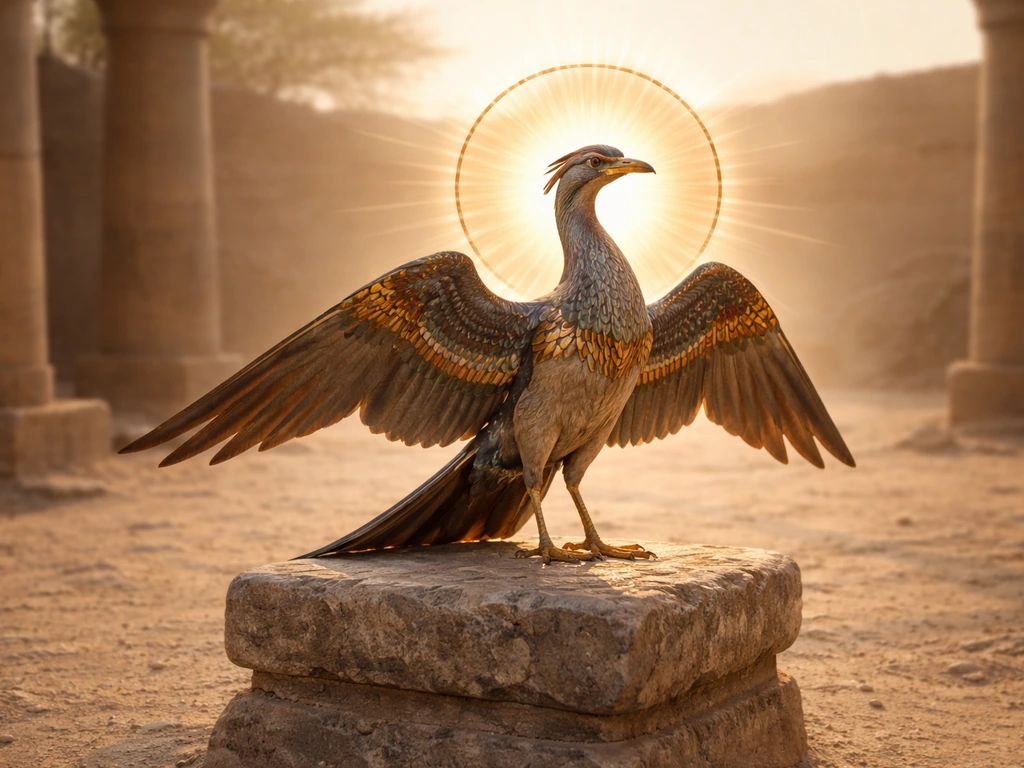 Egypt-inspired Bennu bird on a stone pedestal with a glowing sun disk halo at dawn.