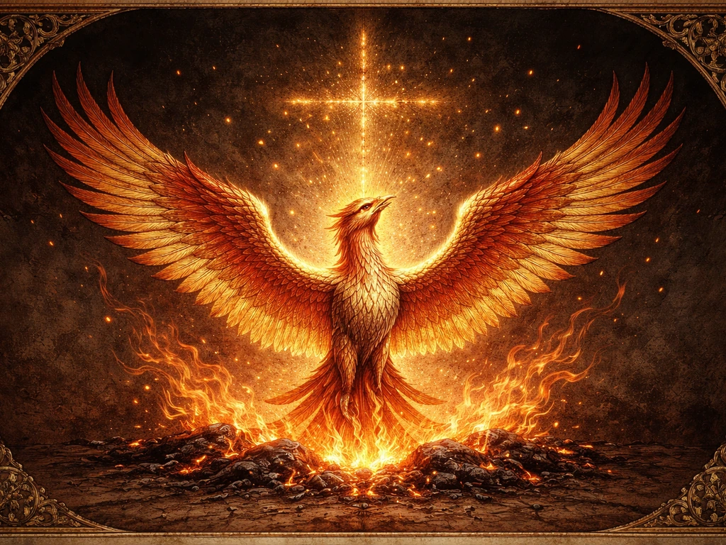 Phoenix rising from glowing embers in illuminated-manuscript style with a subtle cross-like ember form.