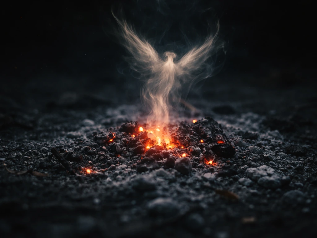 Embers and ash at dusk with a phoenix-like silhouette rising from the glow, symbolizing rebirth.