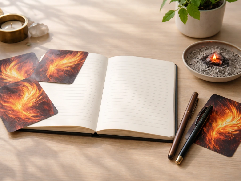 Open notebook with phoenix-themed prompt cards, pens, and a small ember-like ash on a desk