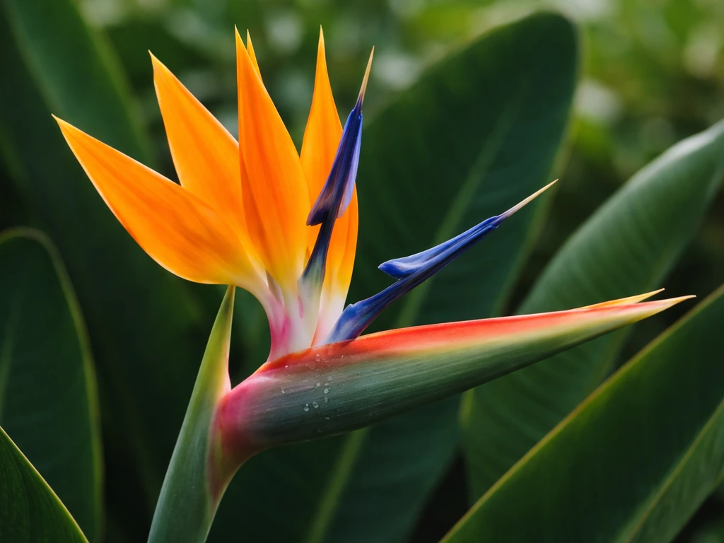 Close-up of a blooming bird of paradise with vivid orange and blue bracts on a lush green plant.