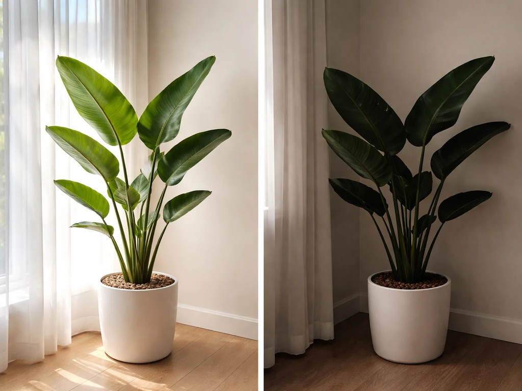Bird of paradise plant in bright window light versus the same plant in a dim indoor corner.