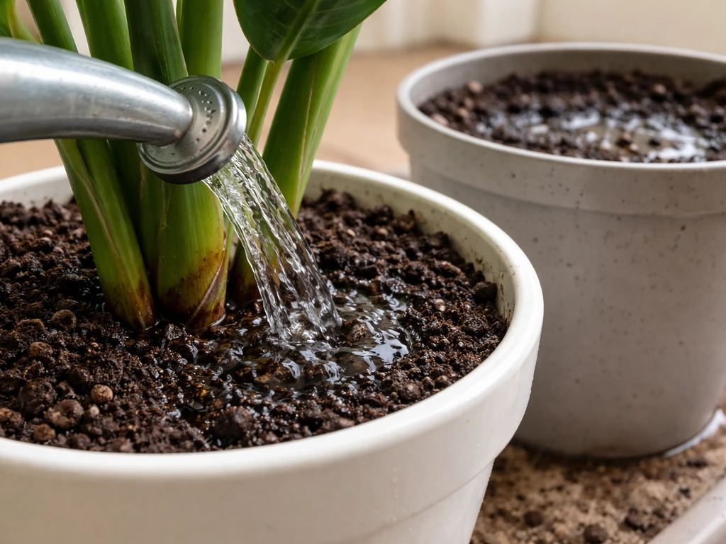 Closeup watering a potted bird of paradise base while a second pot shows waterlogged soil.