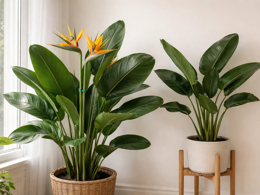Two bird of paradise plants side by side—one flowering and one not—in bright natural indoor light.