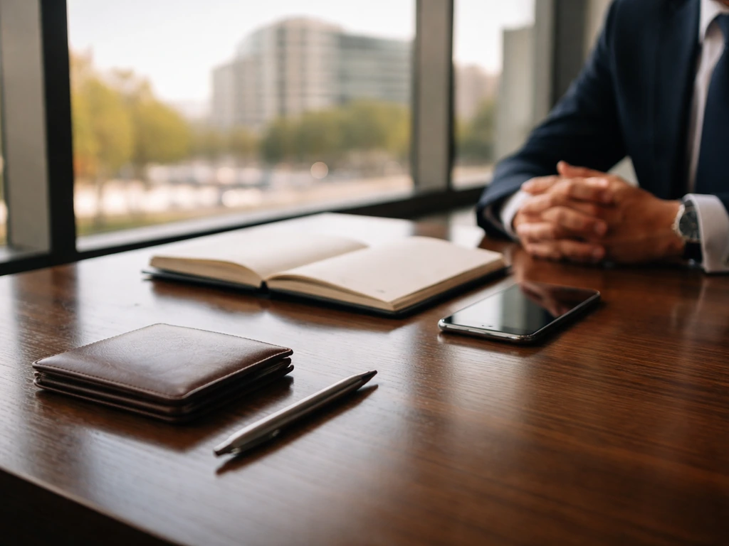 Anonymous hands on a business desk with luxury items and a blurred city view, symbolizing retail ownership research.